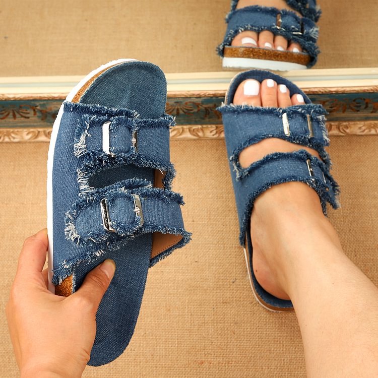 Women’s Fashion Denim Slippers With Square Buckle And Cork Bottom