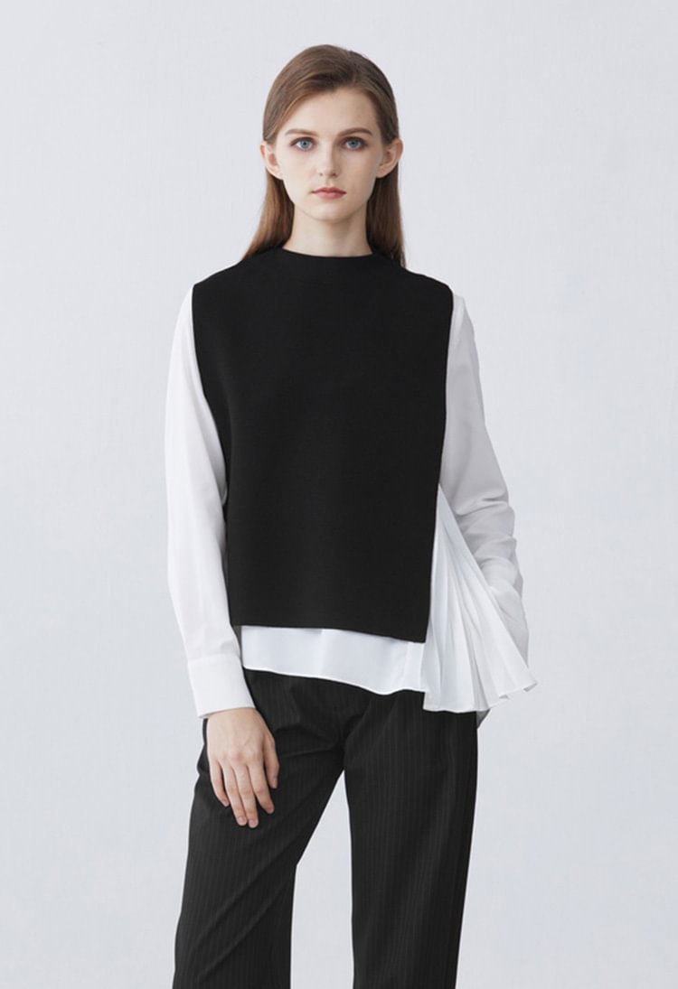 SDEER Round Neck Accordion Pleated Shirt Two Knit Sweaters