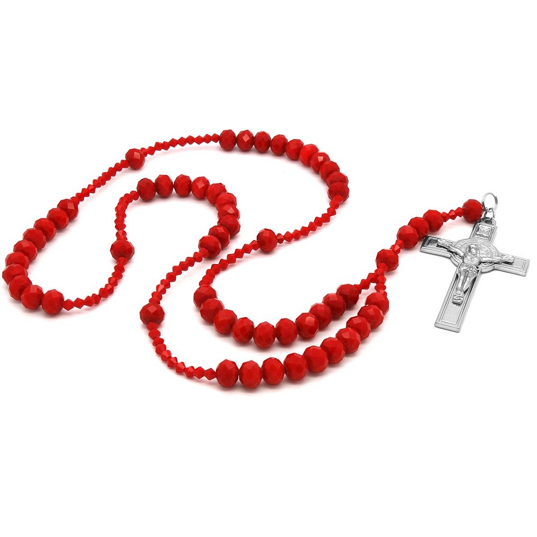 Red Crystal Line Rosary With Cross Pendant-VESSFUL