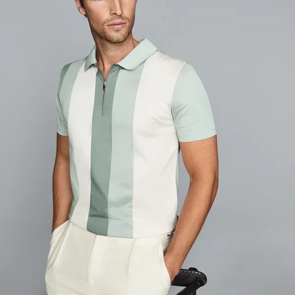 Mens fashion stripe patchwork color polo shirt / [viawink] /