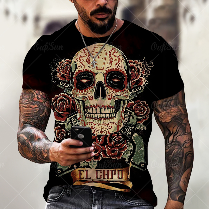 Rose&Skull Printed Summer Short Sleeve Men's T-Shirts-VESSFUL