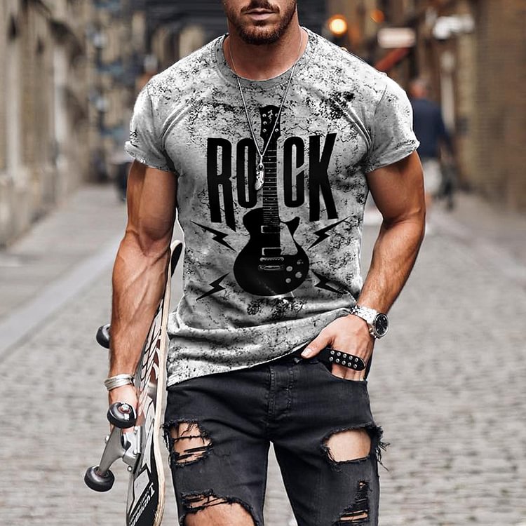 BrosWear Rock Guitar Print Short Sleeve T-Shirt