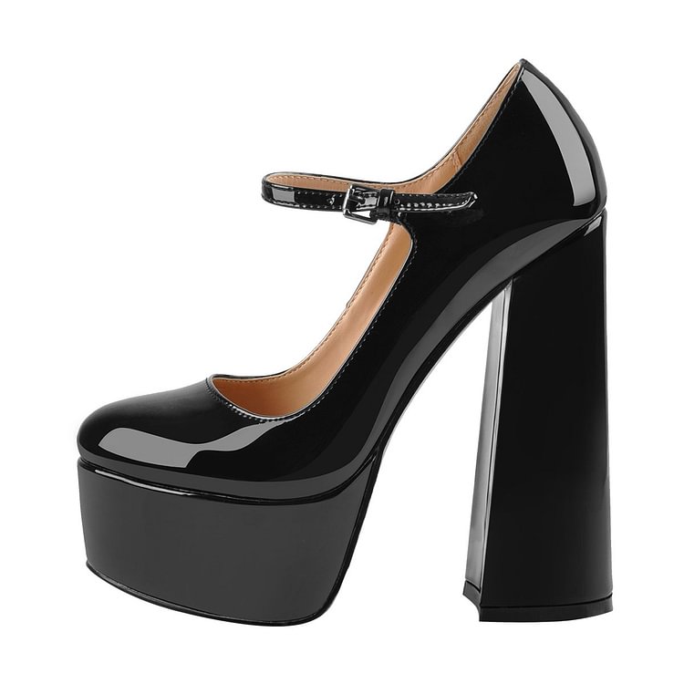 Women's Mary Janes Patent Leather Round Toe Black Platform Chunky Heel Pumps