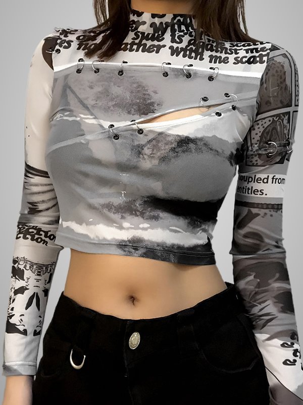 Dark Printed Half Collar See-through Hallow Out Long Sleeve Suspend Midriff Top