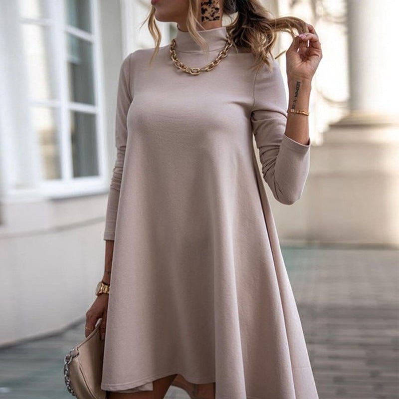 Solid Color Long Sleeve Turtleneck Loose Dress-Corachic