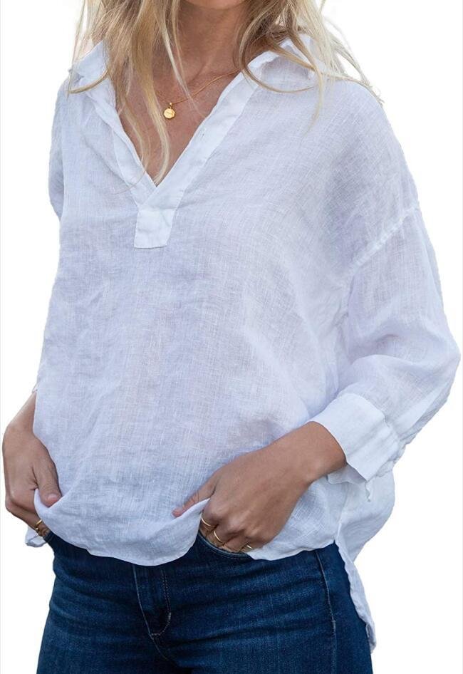 Women Long Sleeves Shirt Collar V-Neck Linen Blouses