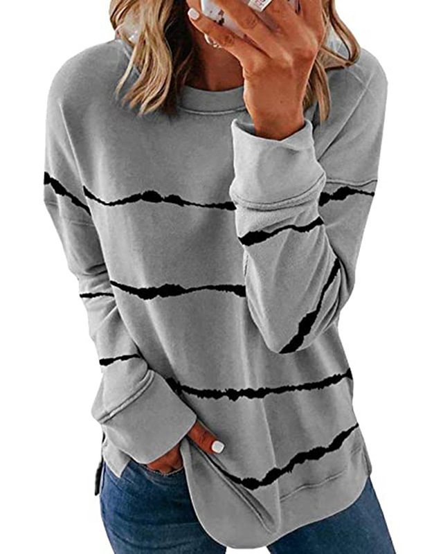 Printed striped top all-match round neck shirt loose long-sleeved sweater