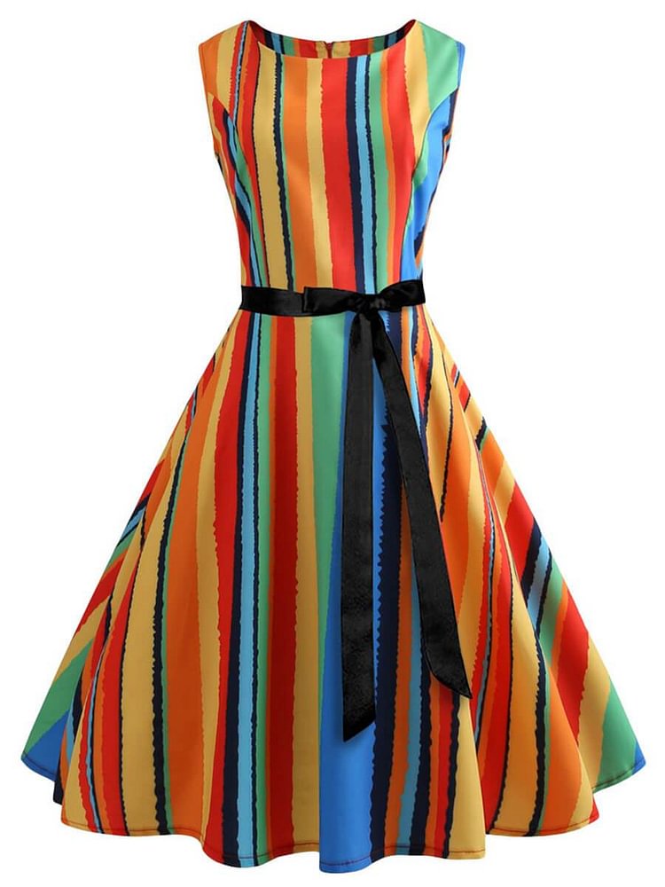 Mayoulove Retro Dress A-Line O-Neck Sleeveless Multicolor Audrey Hepburn Dress-Mayoulove