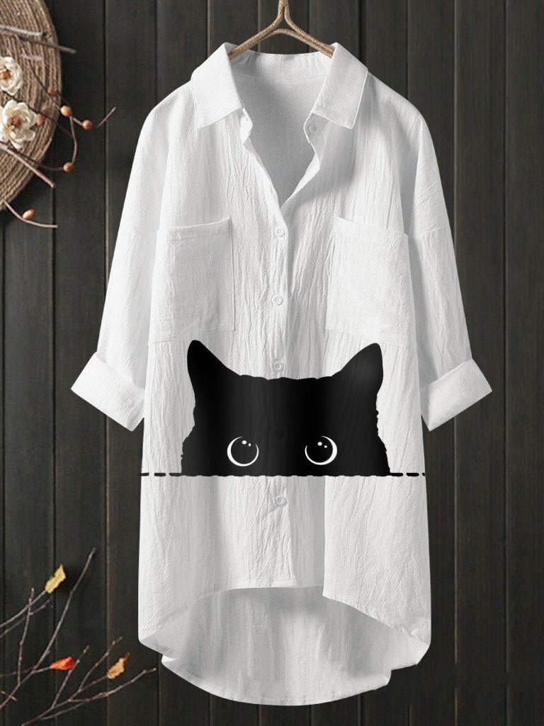 Temperament Cat Print Cotton Linen Shirt Loose Shirt Top