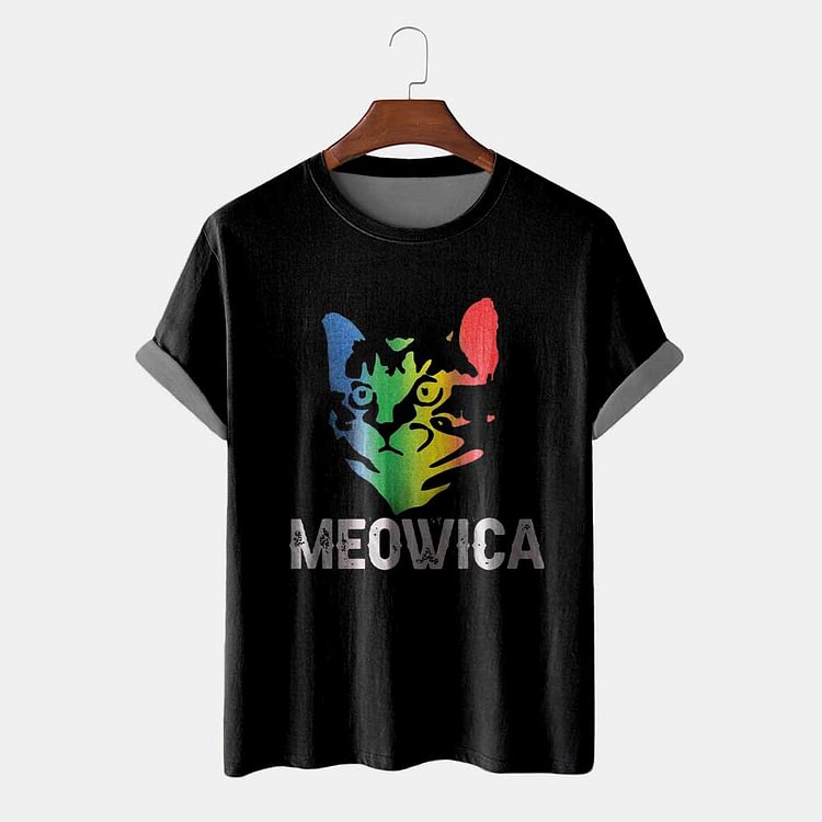 BrosWear Fashion Street Cat Printing Black T-Shirt