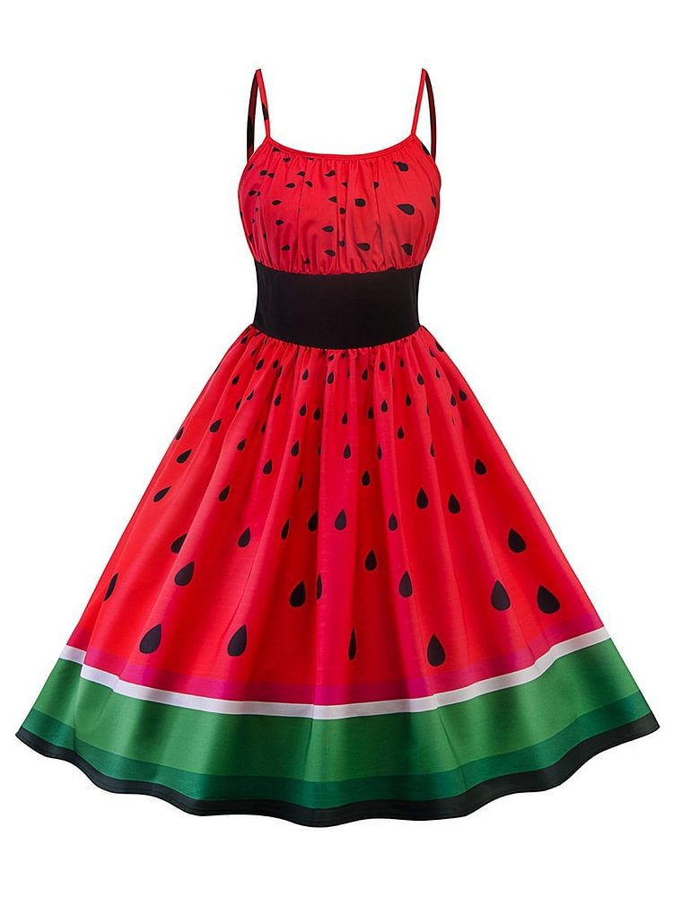 Mayoulove 1950s Dress Watermelon Print Patchwork Slip Dress-Mayoulove