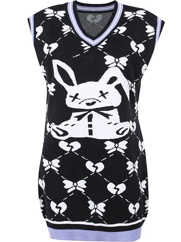Dark Bunny College Style Bows Color Block V Neck Knitted Vest