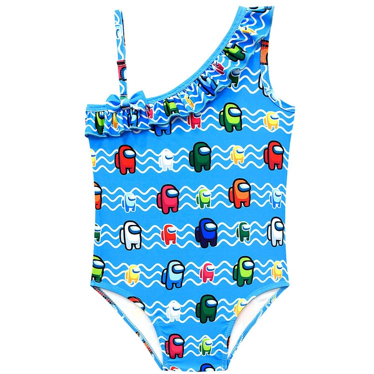 Children's Swimwear Among Us Girls Slanted Shoulder Sling One-Piece Swimsuit High Stretch 20185-Mayoulove