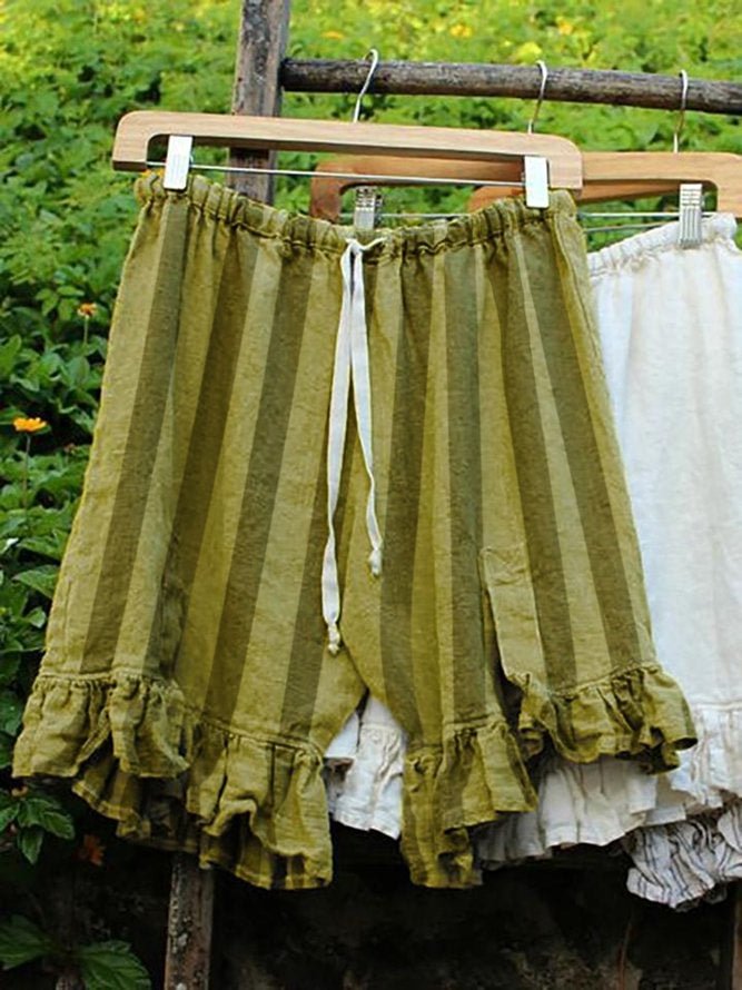 Folds Lace Up Elastic Waistband Shorts Stripe Linen Bloomers