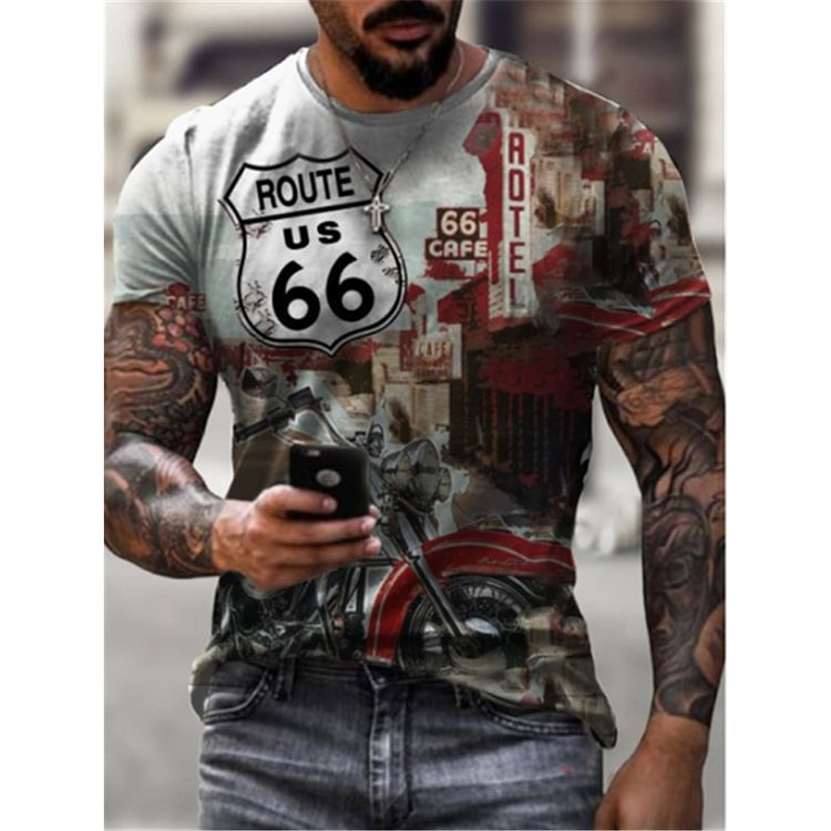 BrosWear Route 66 Print Crew Neck Loose Short Sleeve T-Shirt