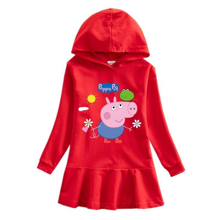 George Pig Printed 2-9 Years Girls Long Sleeve Hooded Cotton Dress-Mayoulove