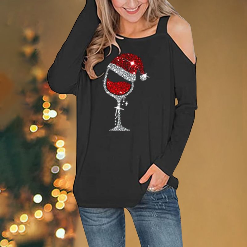 Fashion Cold Shoulder Christmas Wine Glass Heat Transfer Women's Long Sleeve T-Shirt