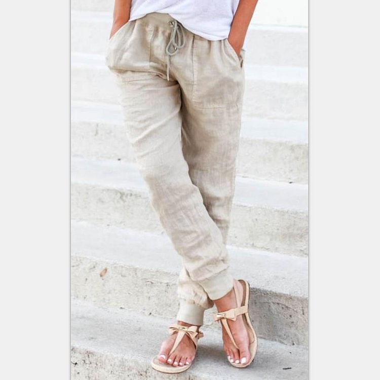 Women's solid color cotton and linen comfortable ribbed trousers