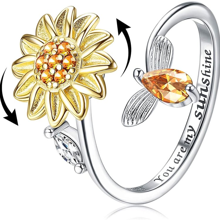 Sterling Silver Fidget Sunflower Adjustable Open Spinner Ring You Are My Sunshine