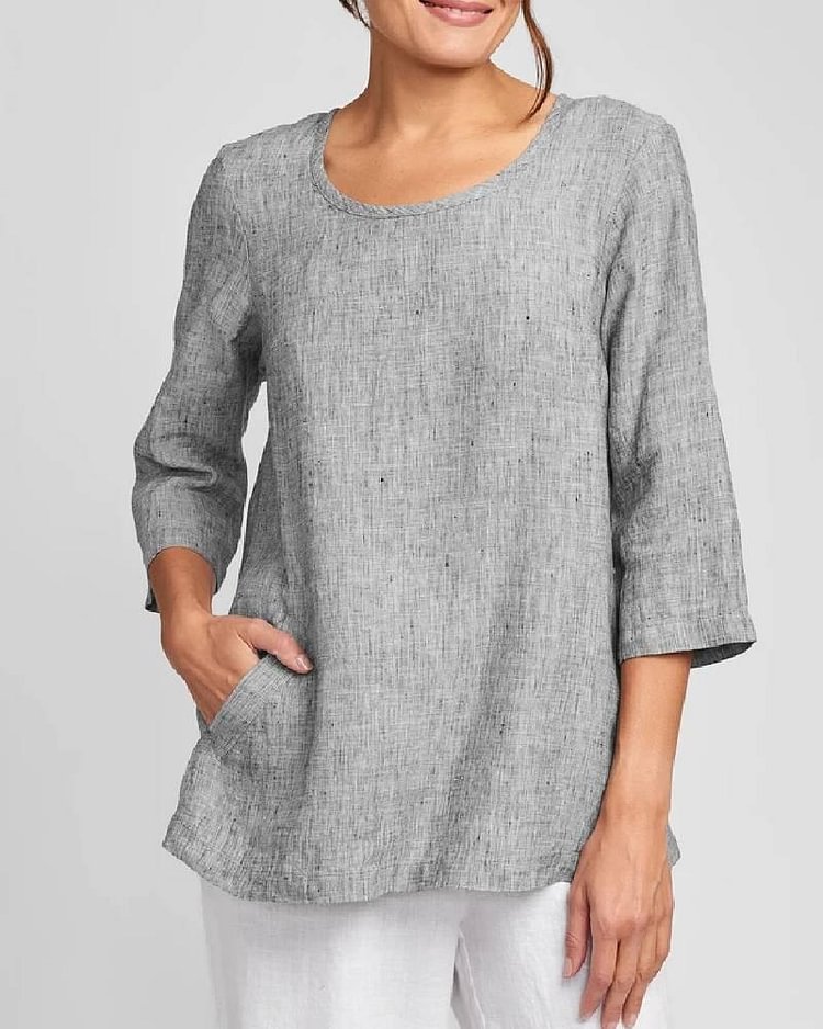 Round Neck Single Pocket Cotton And Linen Top-Mayoulove