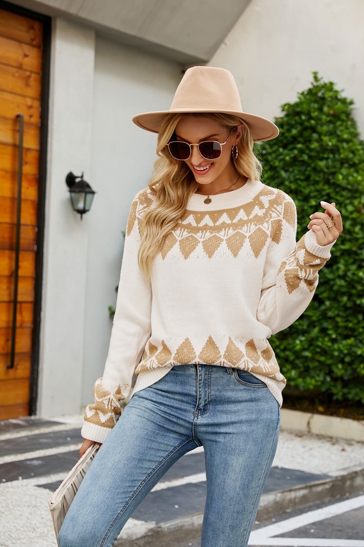 Autumn winter Vintage copy jacquard sweater women's round neck Pullover