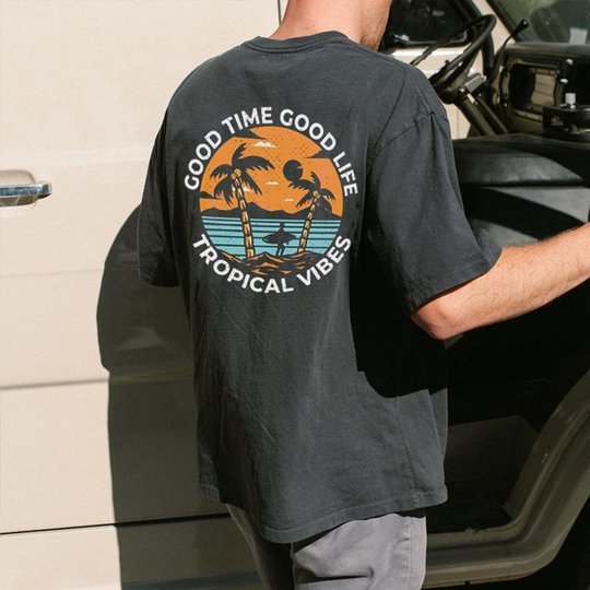 Good Time Good Life Tropical Vibes Print Casual T-shirt - Cloeinc