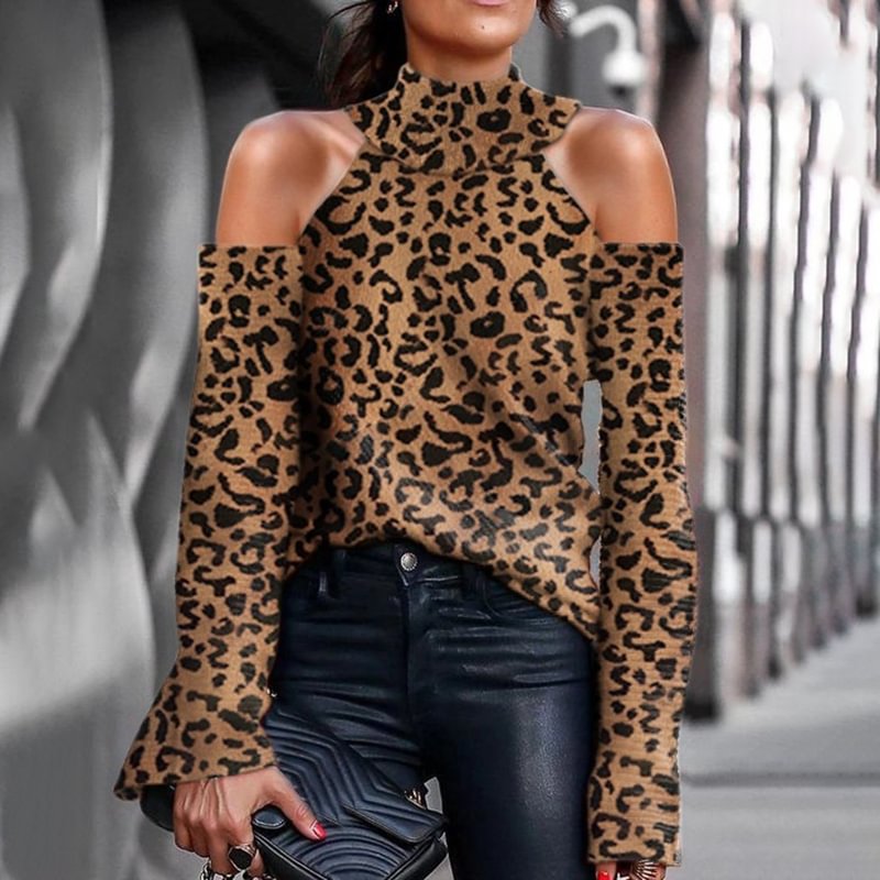 Fashionable sexy leopard print shoulder long sleeve sweater-Allyzone-Allyzone