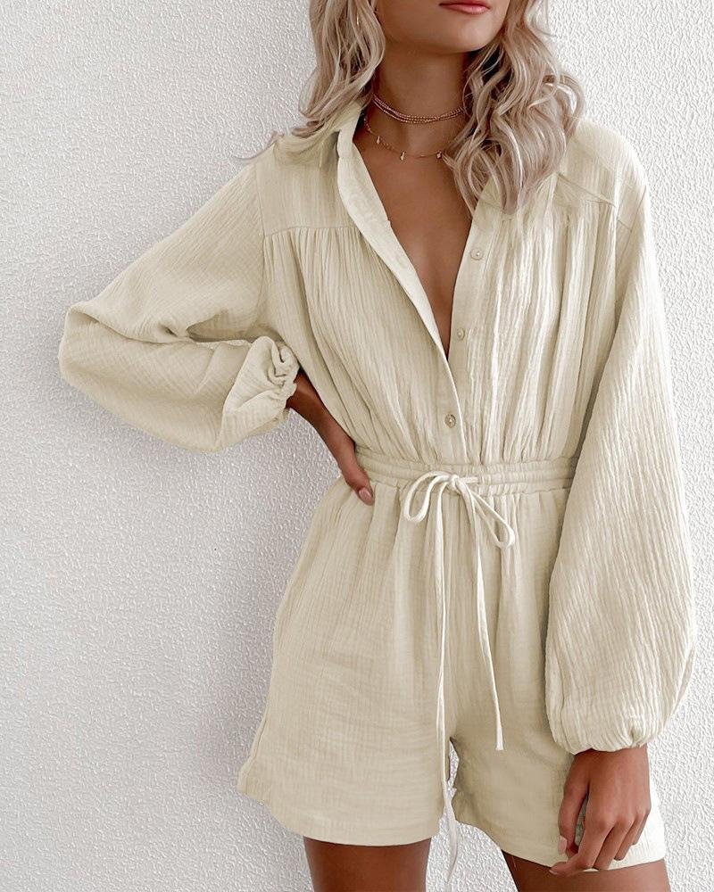 Solid Long Sleeve Drawstring Rompers P15181