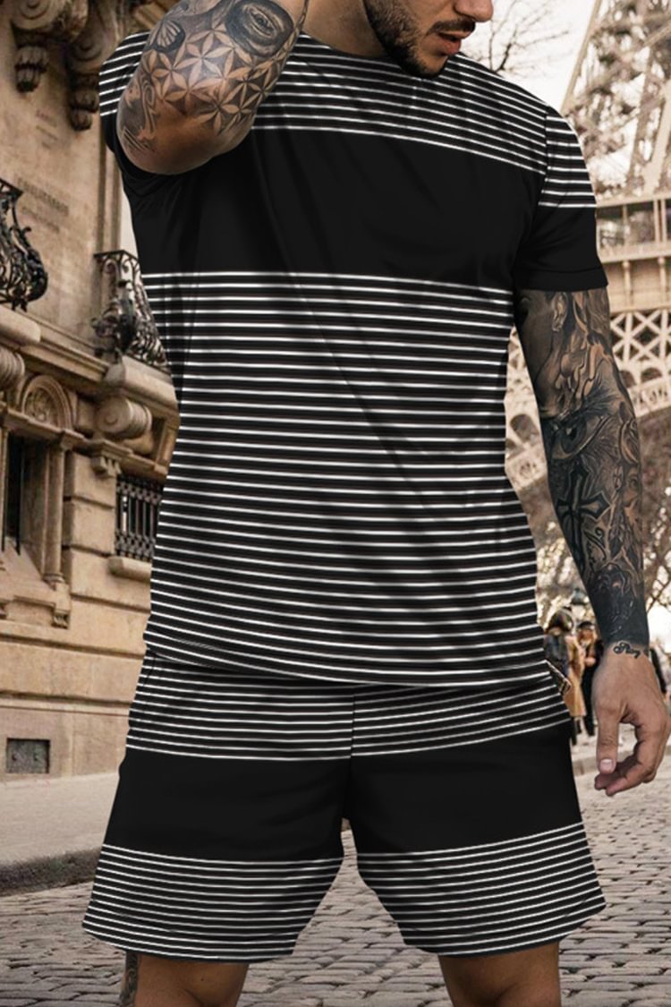 Tiboyz Men's Outfits Striped Casual Short Sleeve T-Shirt Set