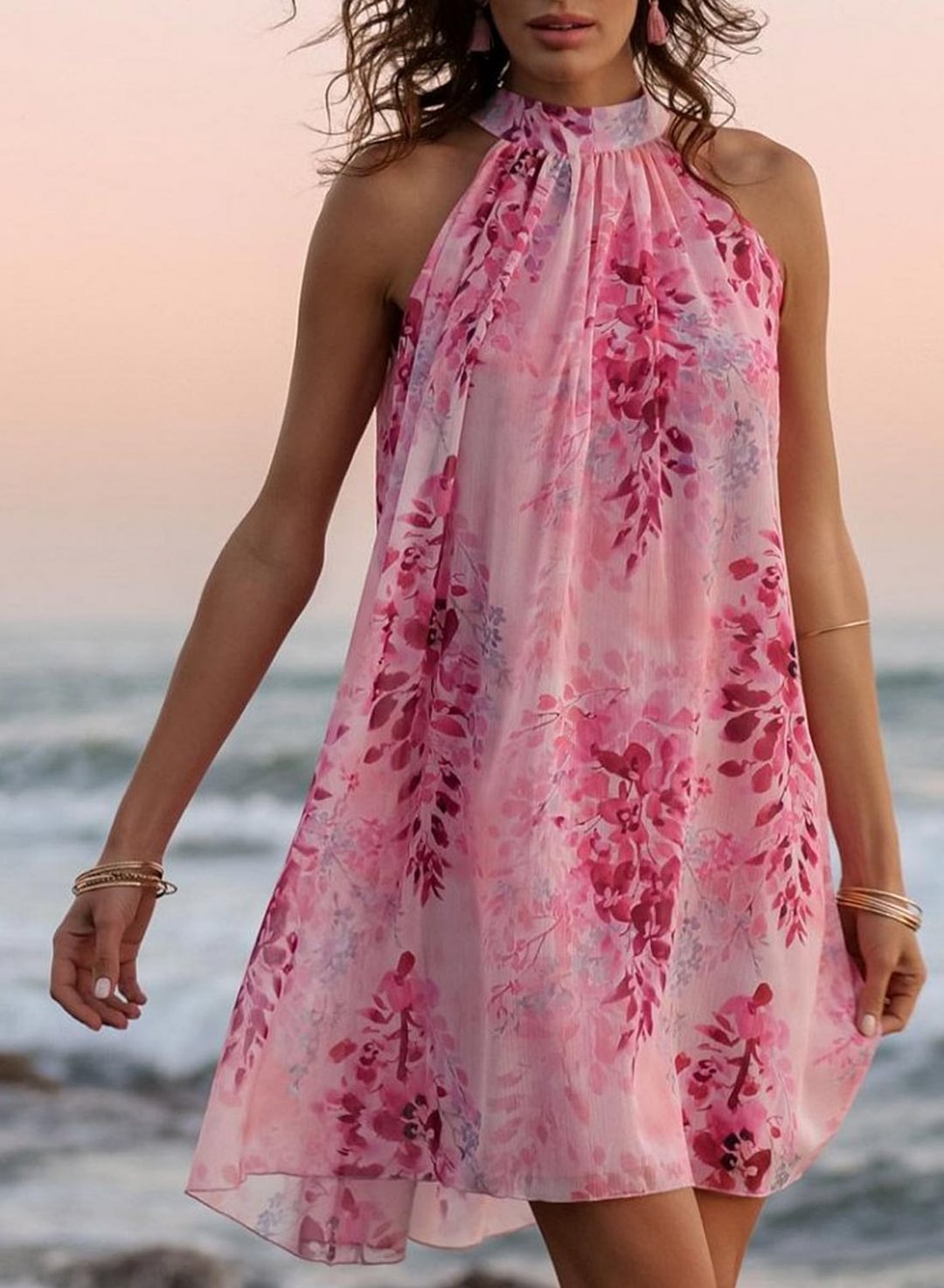 Pink Women's Dress Floral Halter Belted Mini Dress LC226445-10