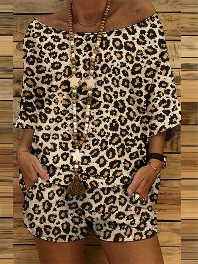 Khaki Leopard Print Cotton-Blend Printed Half Sleeve Suits