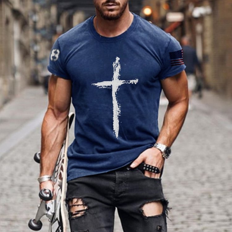 BrosWear Casual Cross Blue Short Sleeve T-Shirt