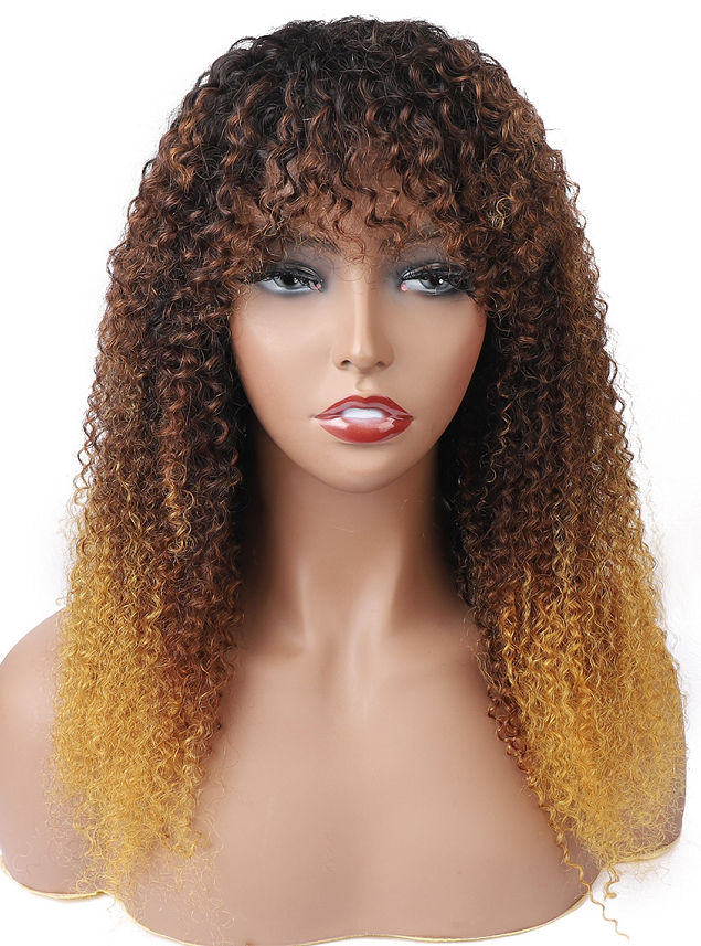 Natural Realistic Bangs Wig丨8-24 Inches Gold and Brown Gradient Curly Hair丨Glueless Laceless Wig丨Easy To Wear Wig