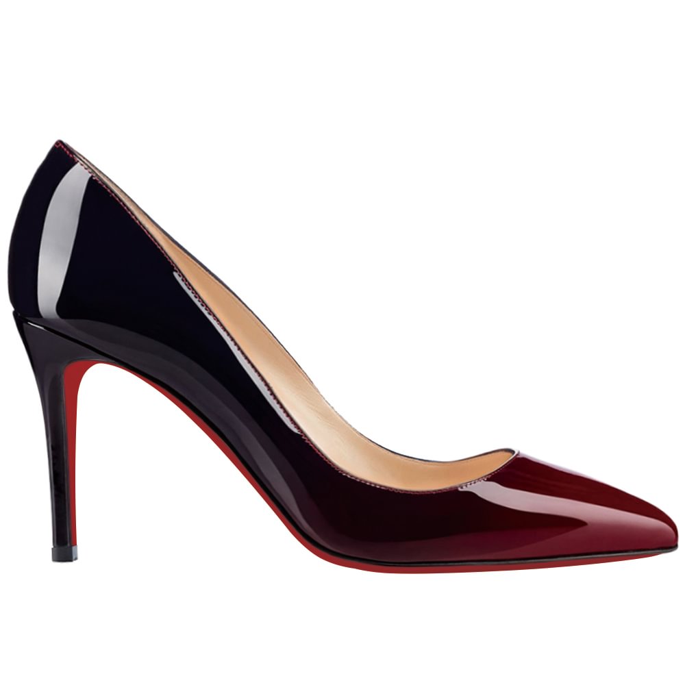 90mm Middle Heels Pointy Toe Pumps Black Wine Gradient Color Patent-vocosishoes