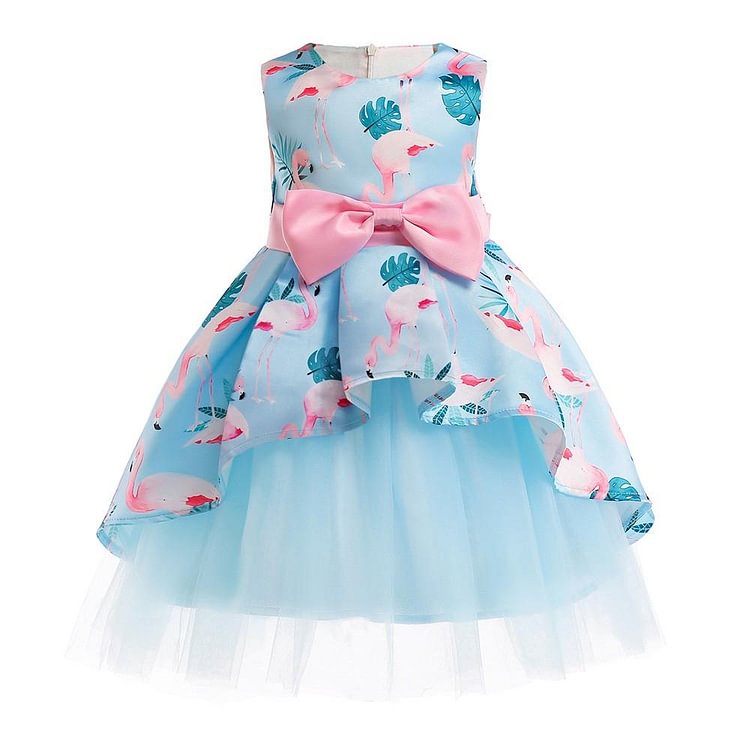 Girls Blue Flamingo Pink Bowknot Sleeveless High Low Tulle Dress-Mayoulove