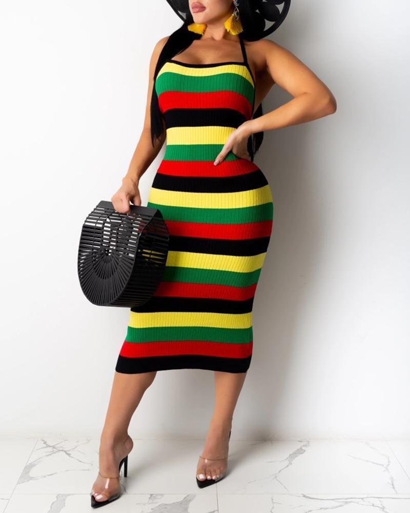 Ribbed Colorblock Striped Halter Backless Dress P14378