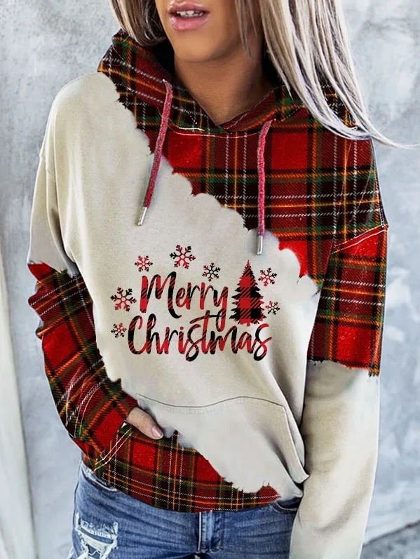 Merry Christmas Tartan Check Print Fashionable Hoodie