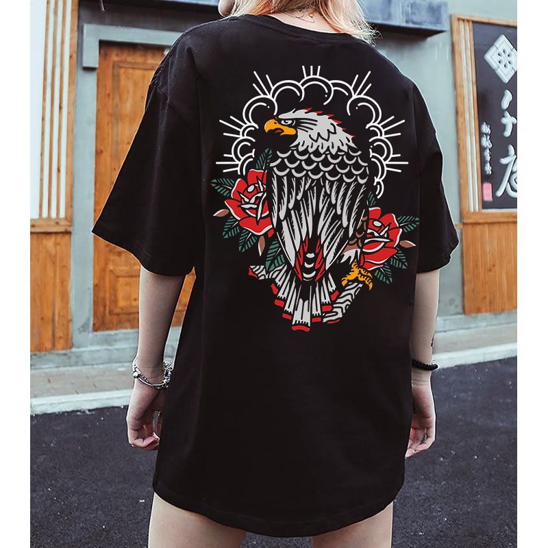 Eagle Floral Print Casual Oversized Women’s Black T-shirt - Krazyskull