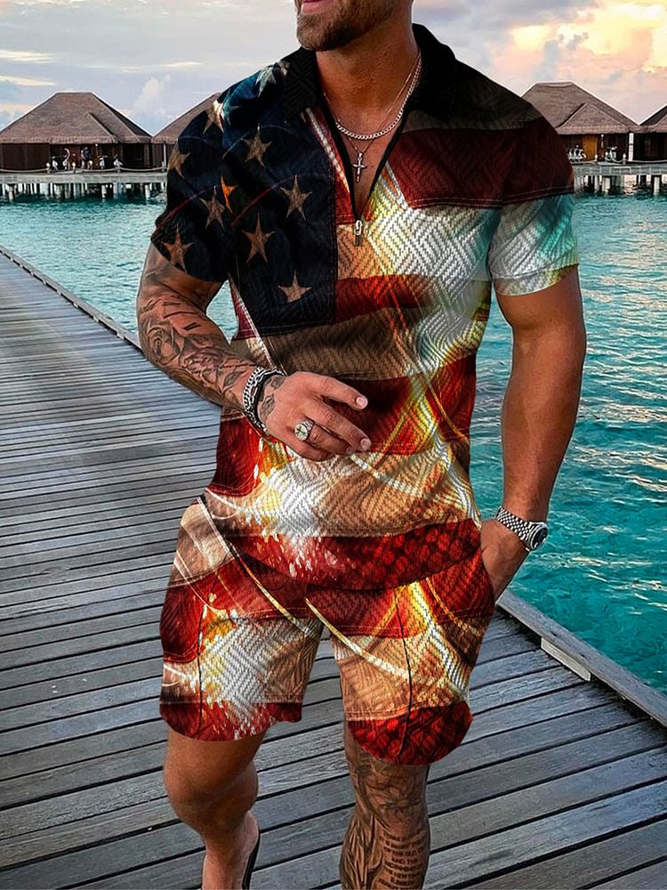 Men's Fashion Printed Independence Day Polo Suit