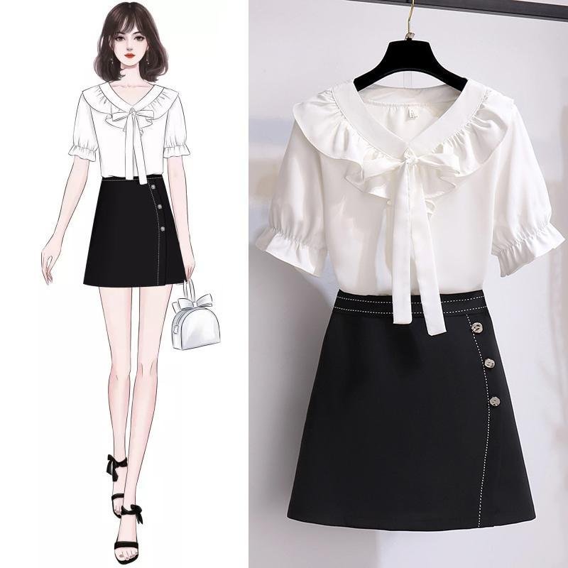 V-Collar Blouse+Solid Color Skirt P16160