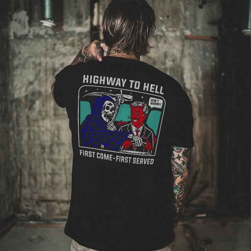 Cloeinc Highway To Hell First Come-First Served Skull Printed Men's T-shirt - Cloeinc