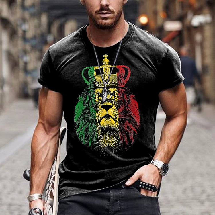 BrosWear Tricolor Lion Pattern Casual Short Sleeve T-Shirt
