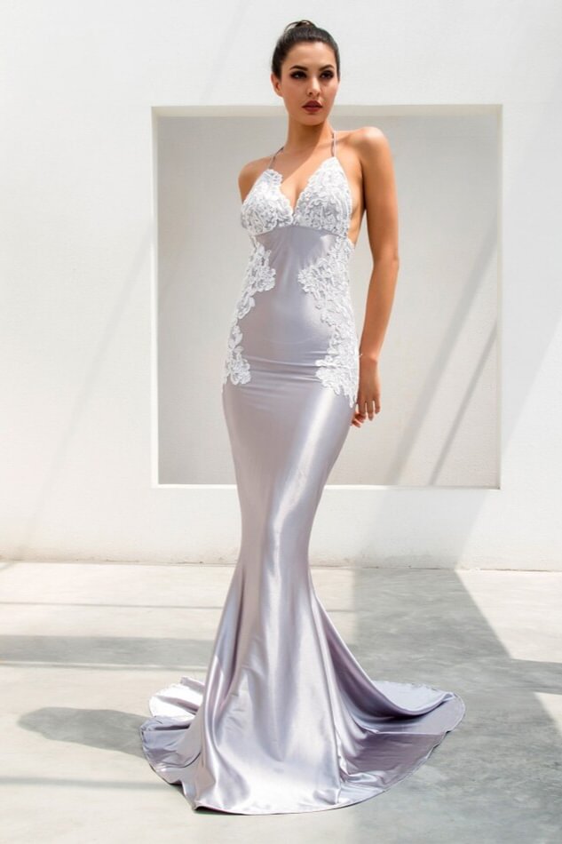 silver mermaid sleeveless prom dress backless