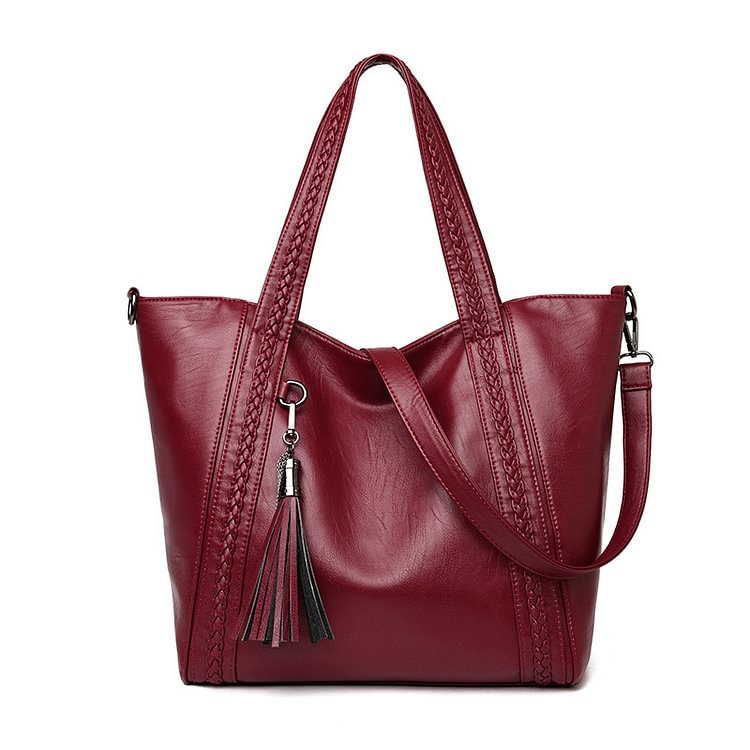Solid Color Leather Shoulder Tote Handbag