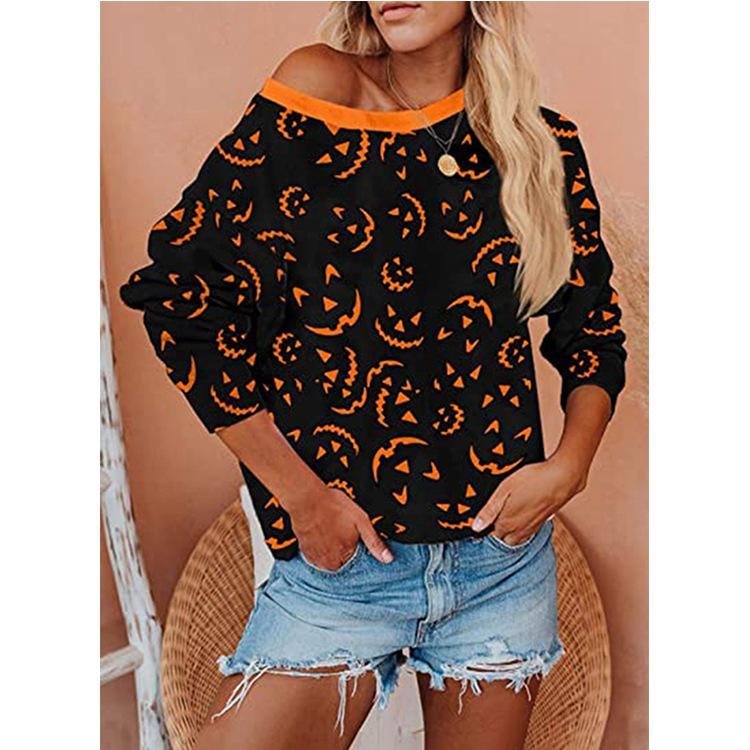 Mayoulove Plus Size Halloween Costume Smiley Pumpkin Skull Print Loose Long-sleeved Sweater-Mayoulove