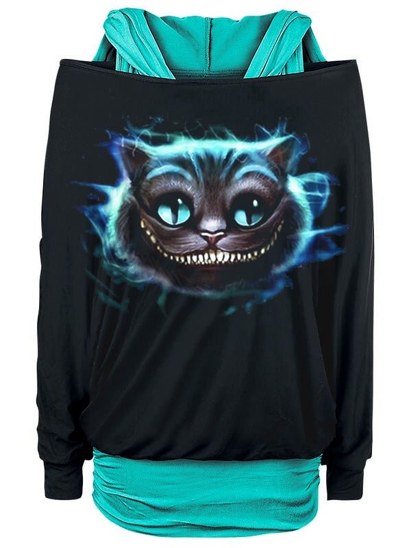 Off-Shoulder Cat Printed Fake Two-Piece Hooded Top