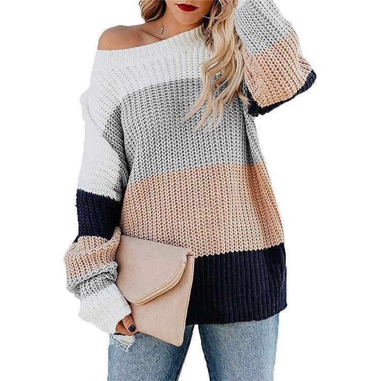 Mayoulove Women's Sweaters Crew Neck Long Sleeve Color Block Knit Pullover Sweaters-Mayoulove