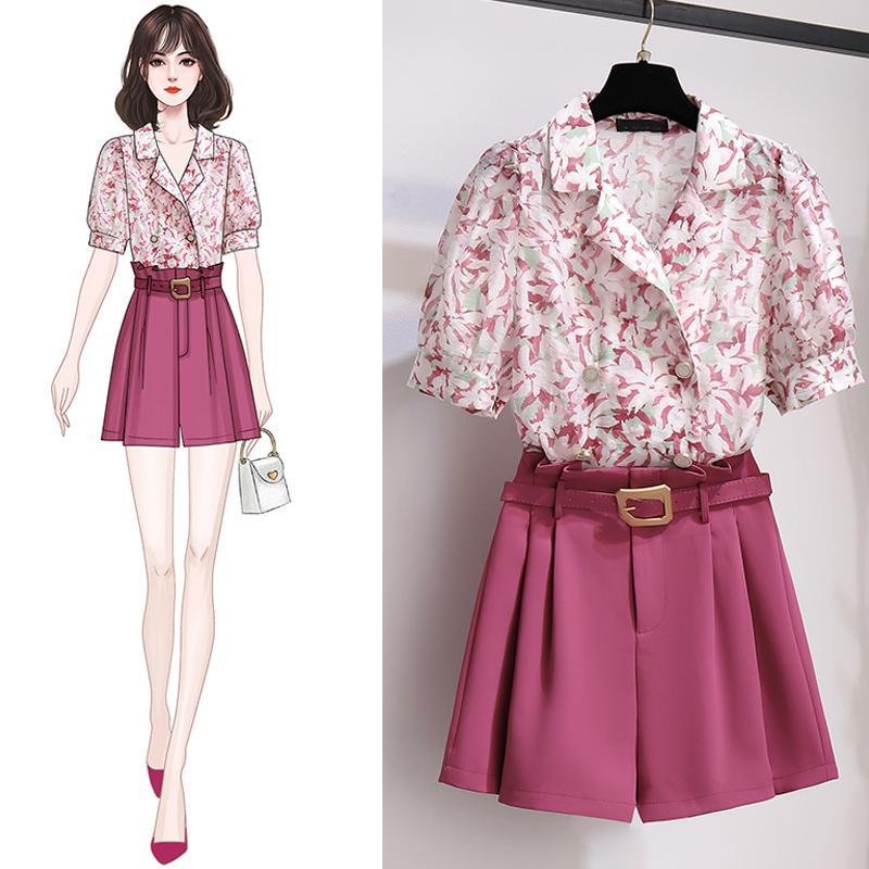 Fashion Floral Blouse+Belt Shorts P11561