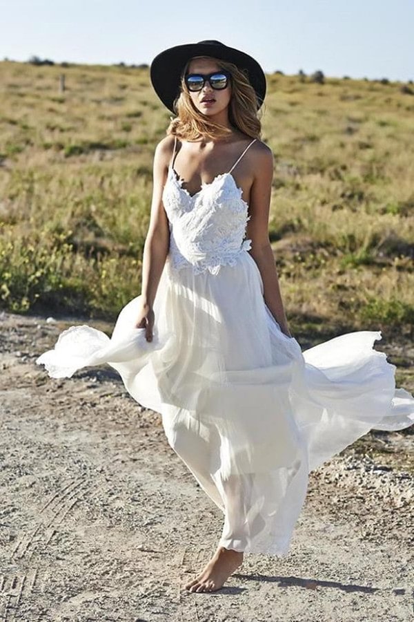 Luluslly Chiffon Long Summer Beach Wedding Dress Lace Spaghetti-Straps