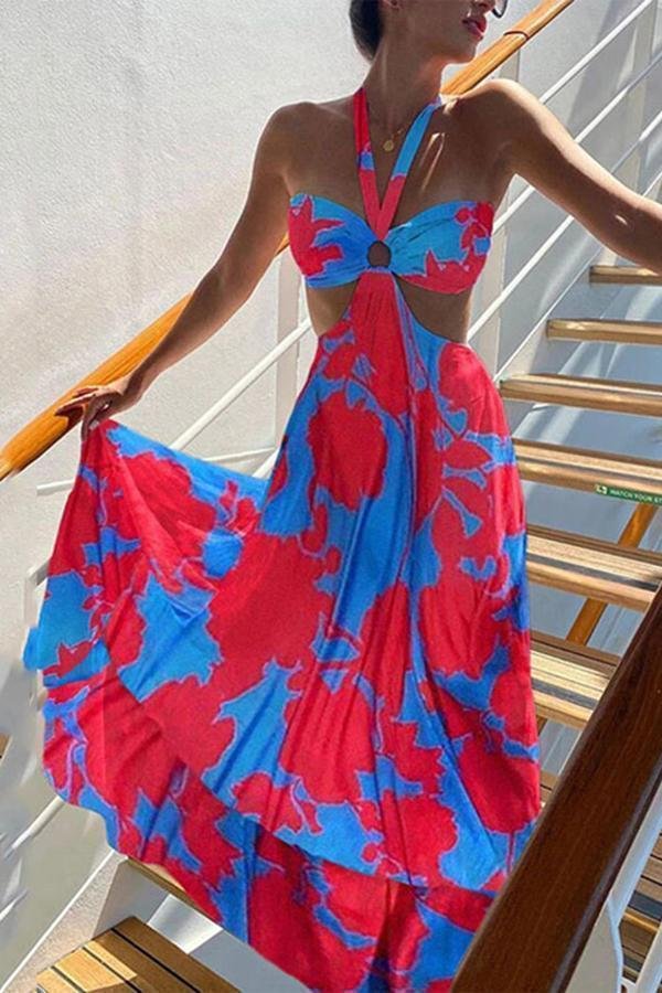 Womens Trendy Big Flower Print Halter Strap Dress-Allyzone-Allyzone